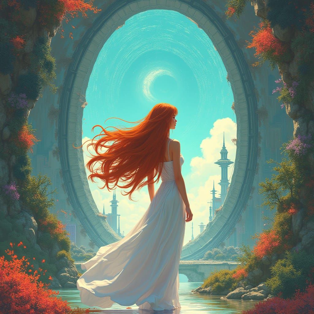 Woman Before Portal in Alien City, Ghibli Style