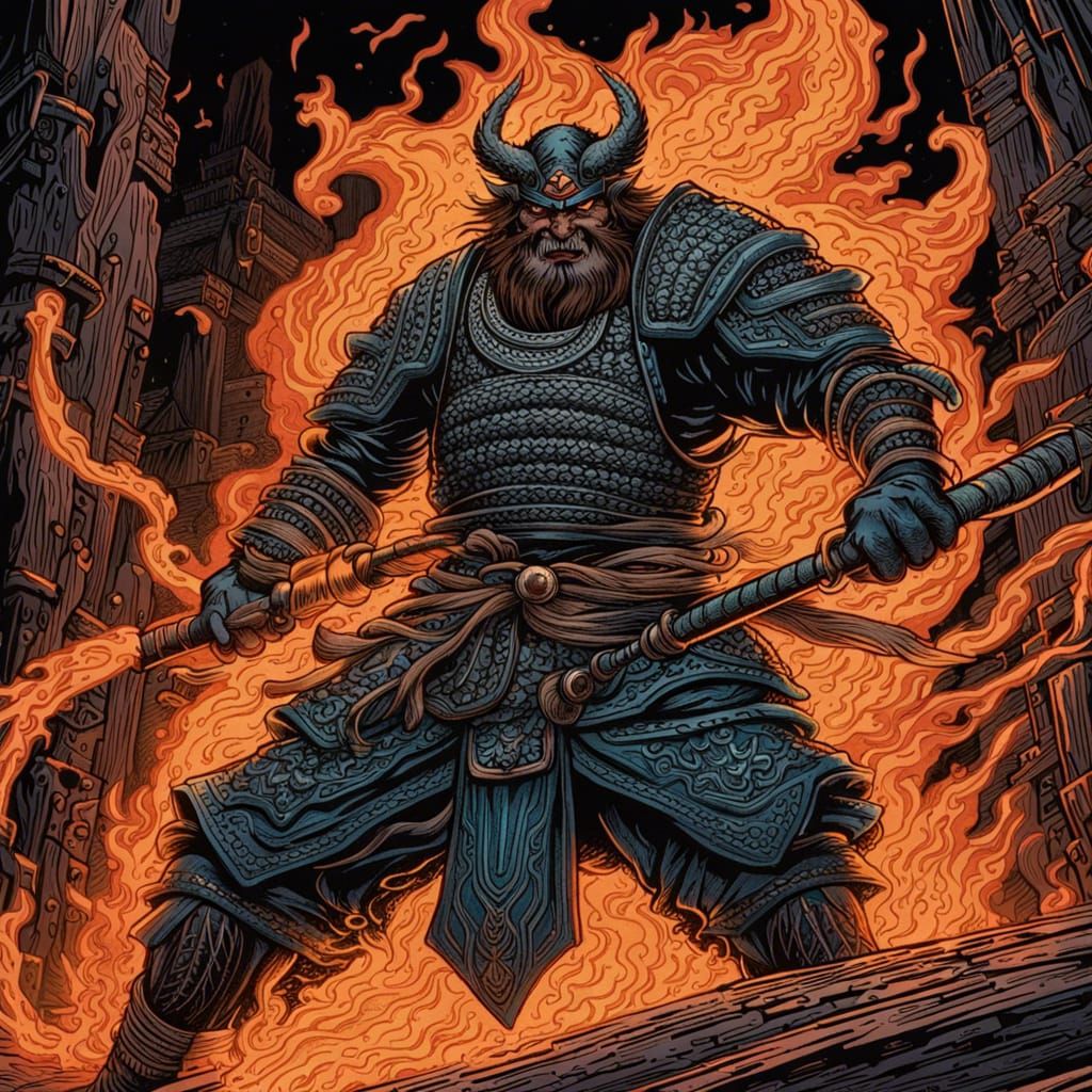 Japanese Woodblock Samurai Balrog Warlord with Flaming Whip