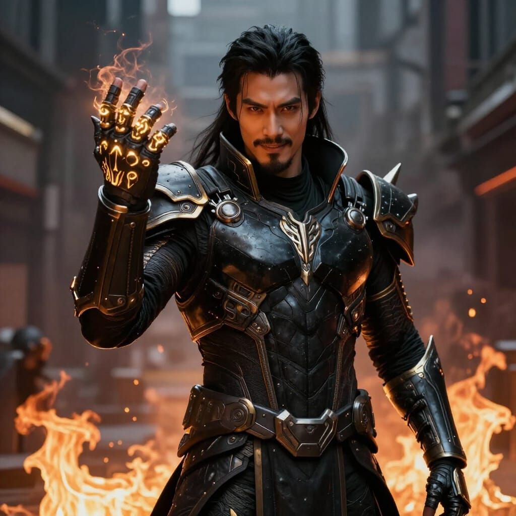 Futuristic Sci-Fi Warrior in Fiery Street Battle