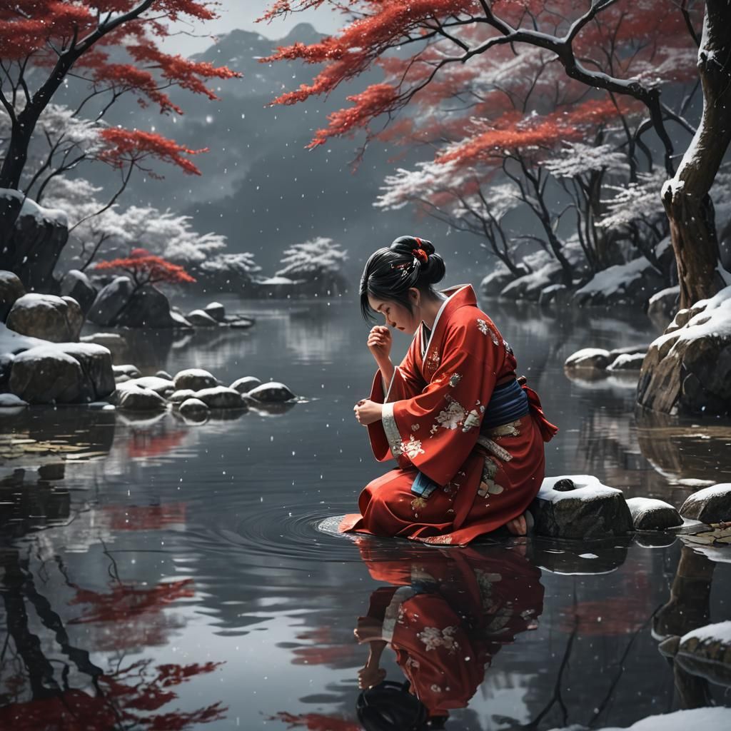 Despairing Woman in Kimono: Detailed Matte Painting