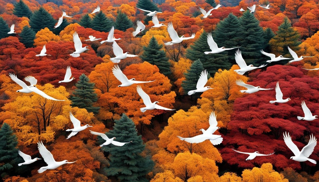 Vibrant Autumn Landscape with Flying Birds in Polka Dots