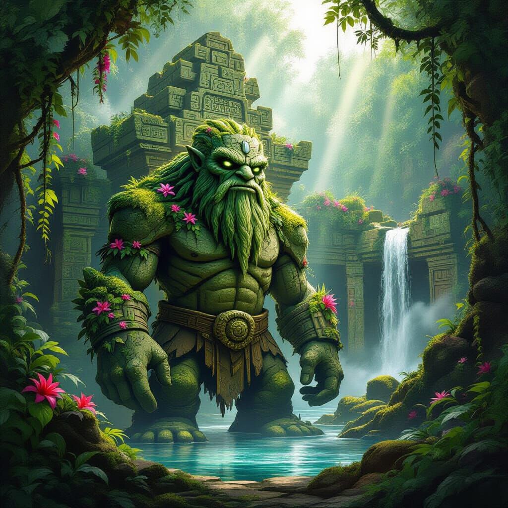 Mossy Stone Golem Guards Jungle Temple in Fantasy Art Style