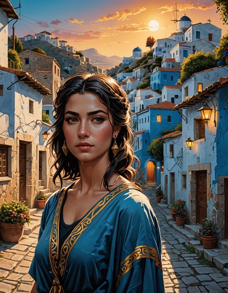Greek Woman Portrait in Polychromatic Comic Book Style