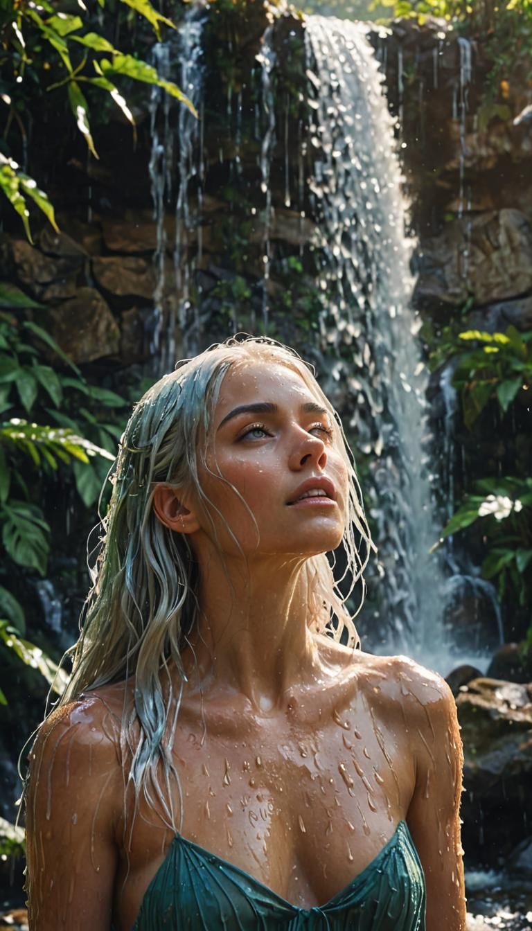 Woman Showering Under Waterfall in Digital Triadic Colors