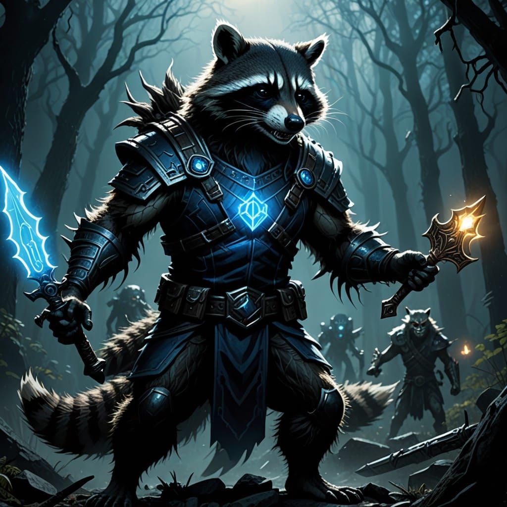 Humanoid Racoon using a warhammer on a humanoid shadow
