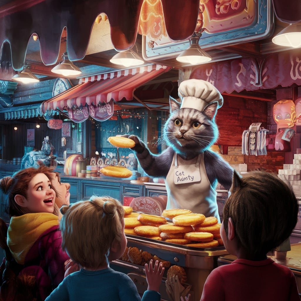 Fantasy Marketplace Scene with Cat Aunty Serving Fritters