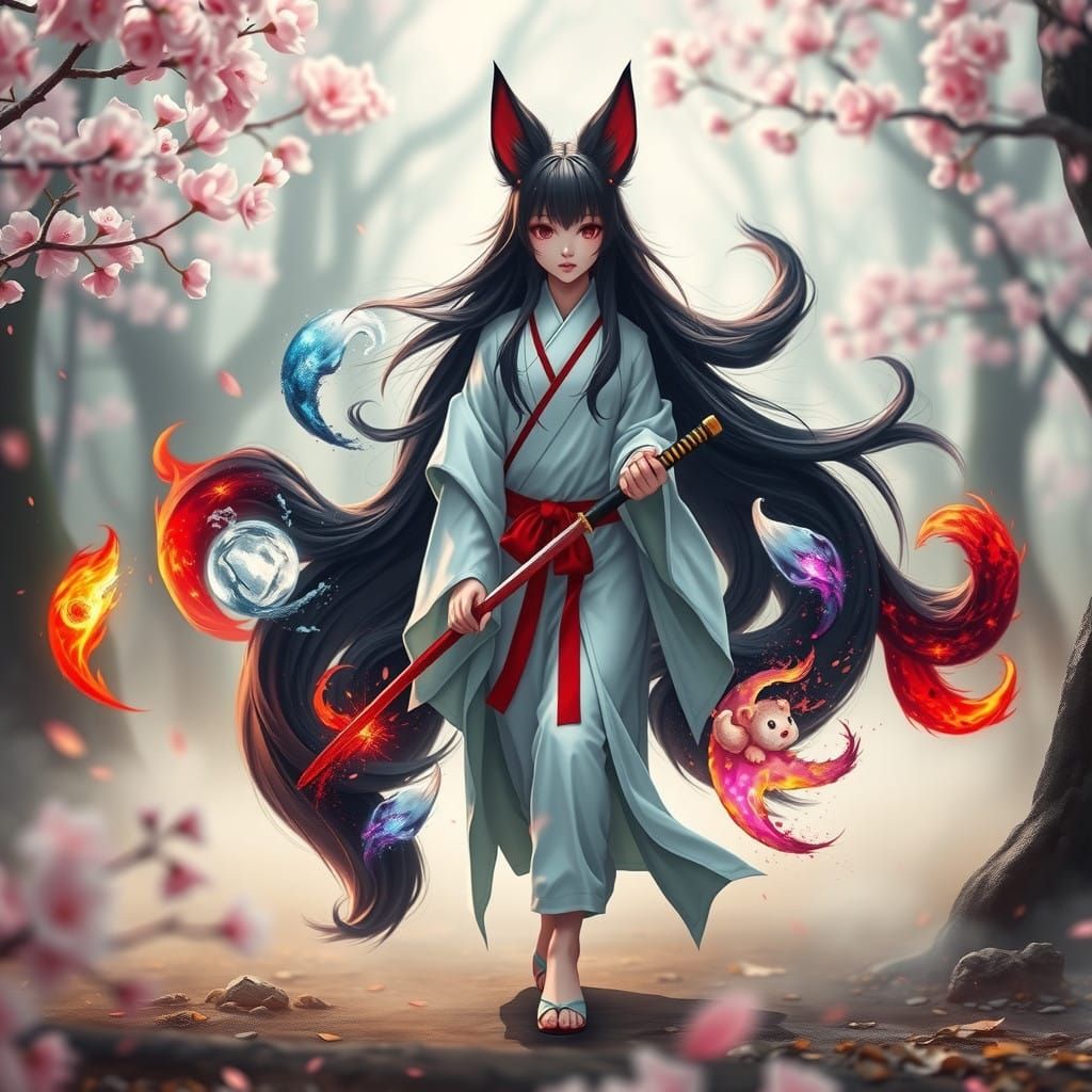 Cyberpunk Kitsune Goddess in Cherry Blossom Forest