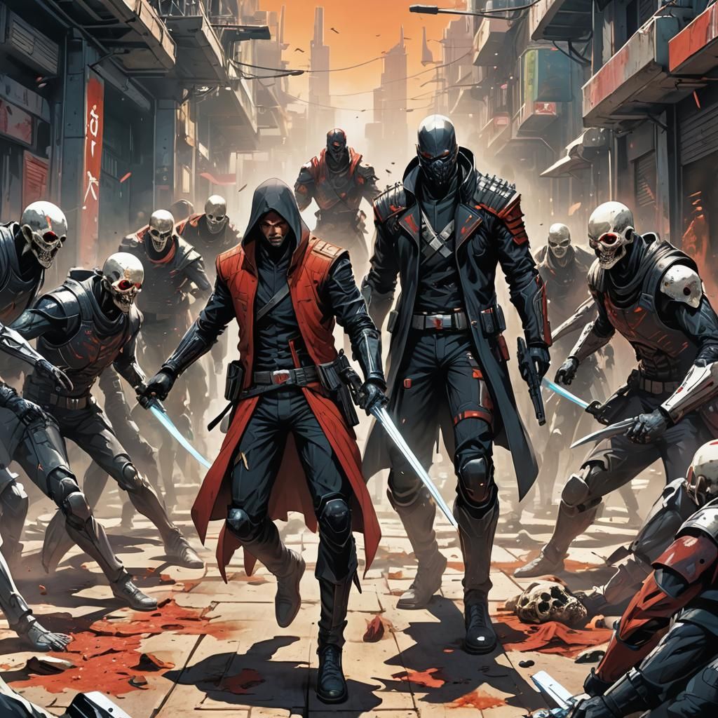 Futuristic Assassin Ambush in Sci-Fi Cityscape