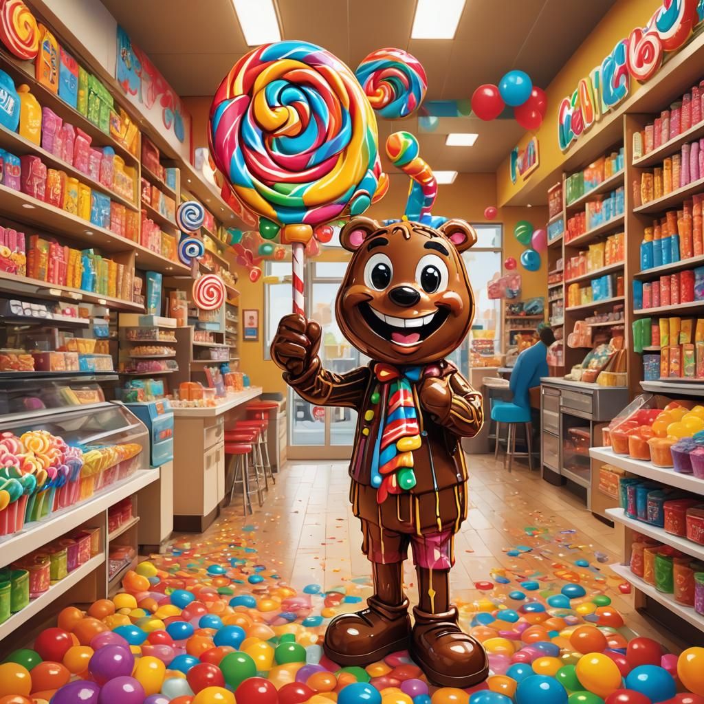 Caramelo Mascot in Candy Shop: Pop Art Close-Up