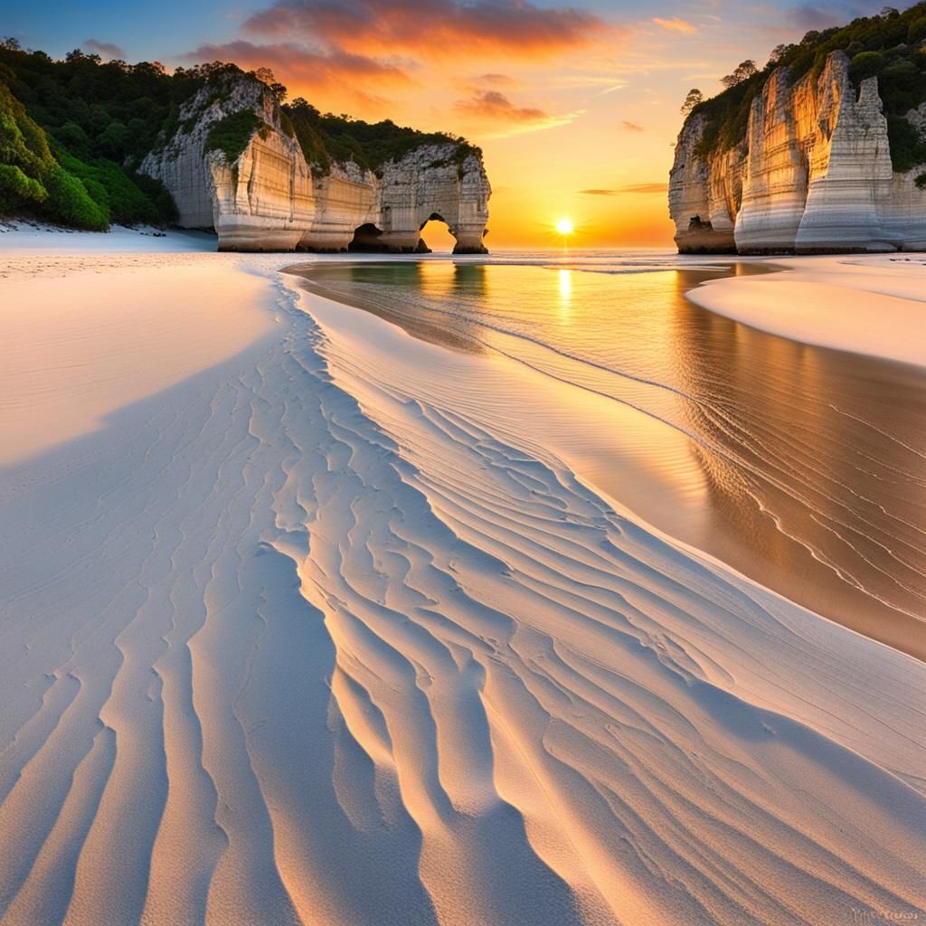 Breathtaking White Sand Beach Sunset Between Cliffs