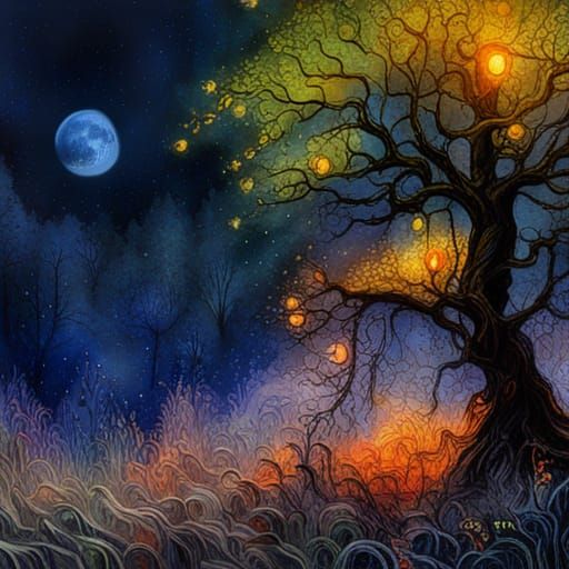 Glowing Fireflies in Forest at Night: 3D Digital Art