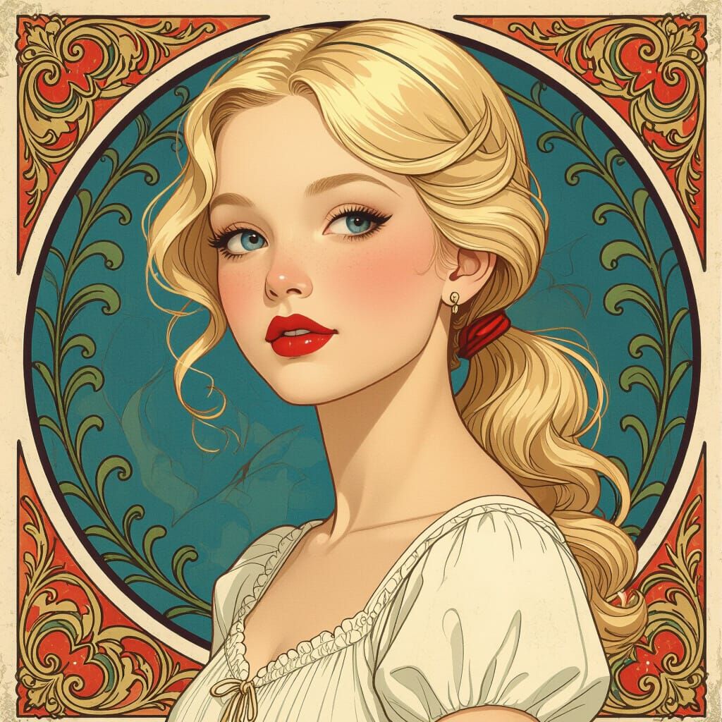 Blonde Girl with Red Lips in Art Nouveau Style