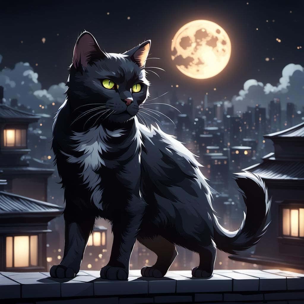 Smoky Tuxedo Cat Night Prowl in 3D Anime Art