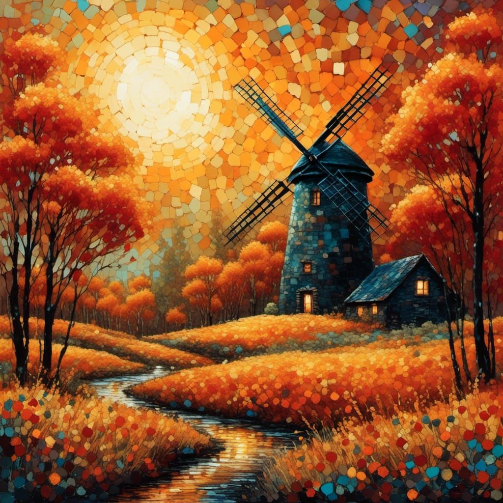 Autumn Windmill Landscape with Golden Outlines