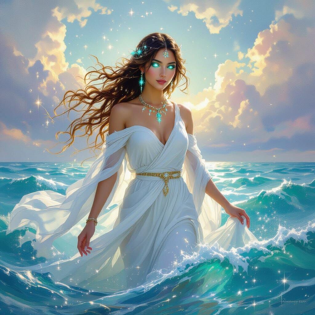 Goddess Emerges from Starlight Sea in Impressionist Style