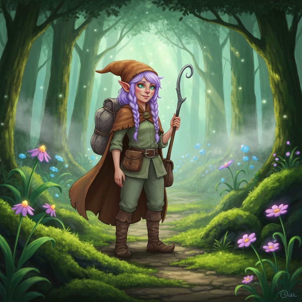 Lavender Haired Gnome on Ancient Path in Fairytale Style