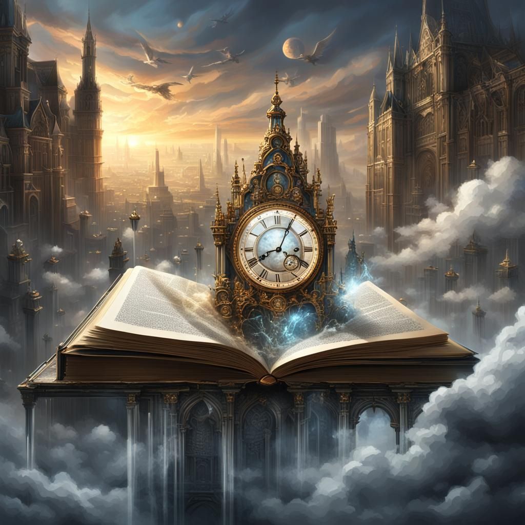 Crystal Clock Above City, Dark Fantasy Concept Art