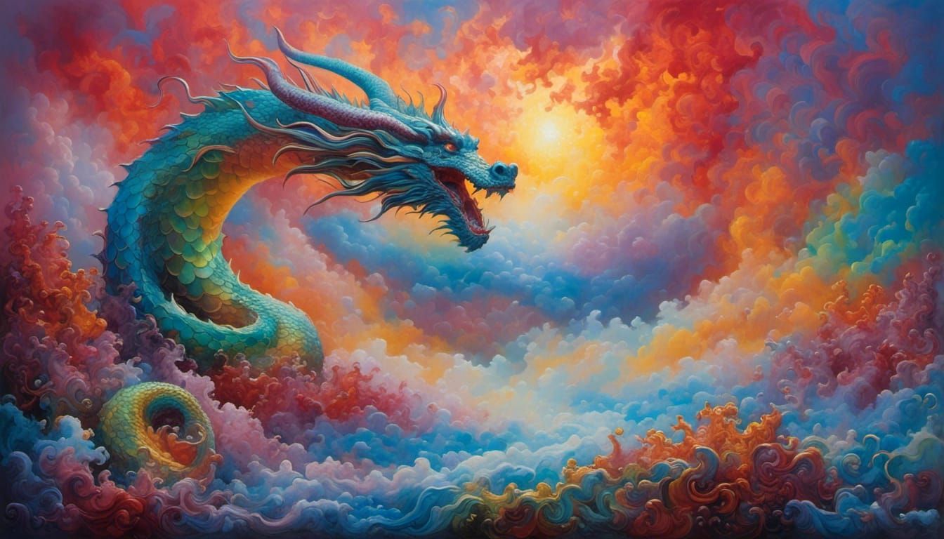 Iridescent Dragon Emerges from Colorful Lake