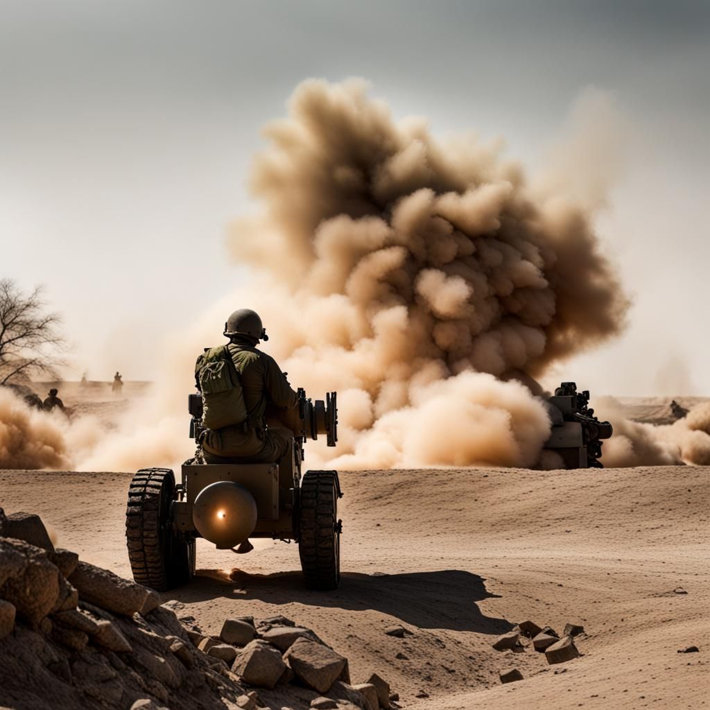 Howitzer Firing in Rocky Desert Landscape