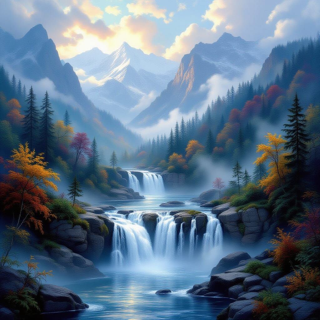 a waterfall in the mountains during autumn 124