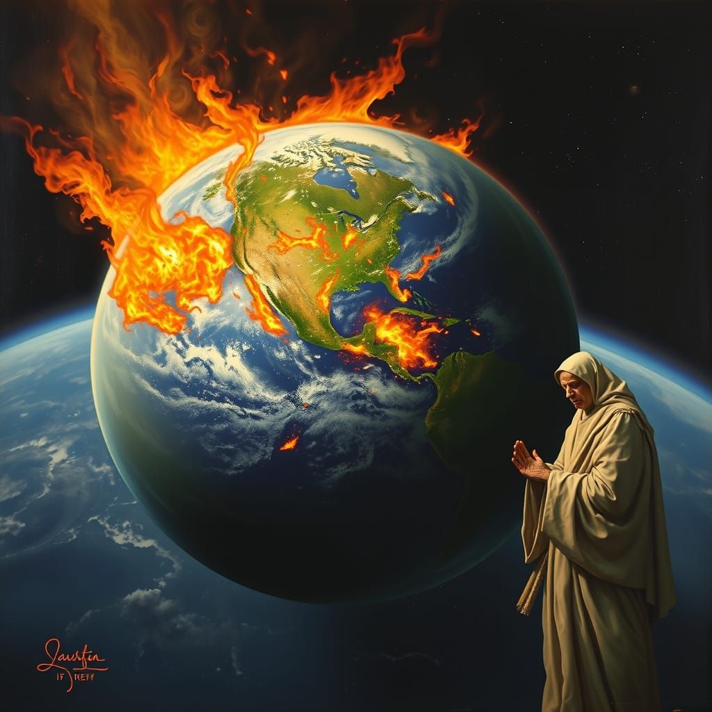 Earth Ablaze: Deity's Lament in Oil Painting Style
