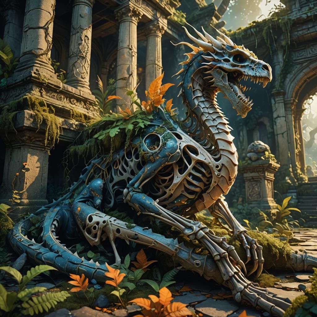 Dragon Skeleton on Overgrown Temple Floor