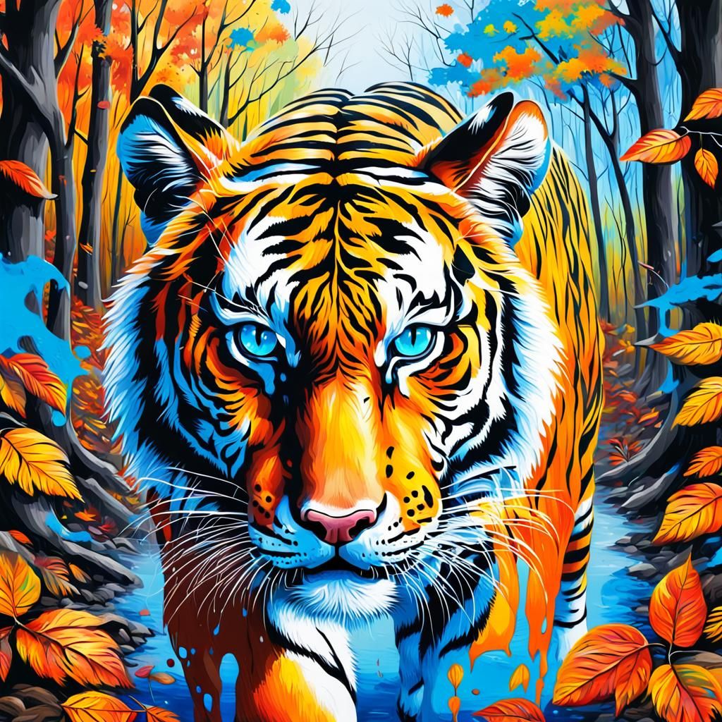 Tiger with Blue Eyes in Autumn Forest Graffiti