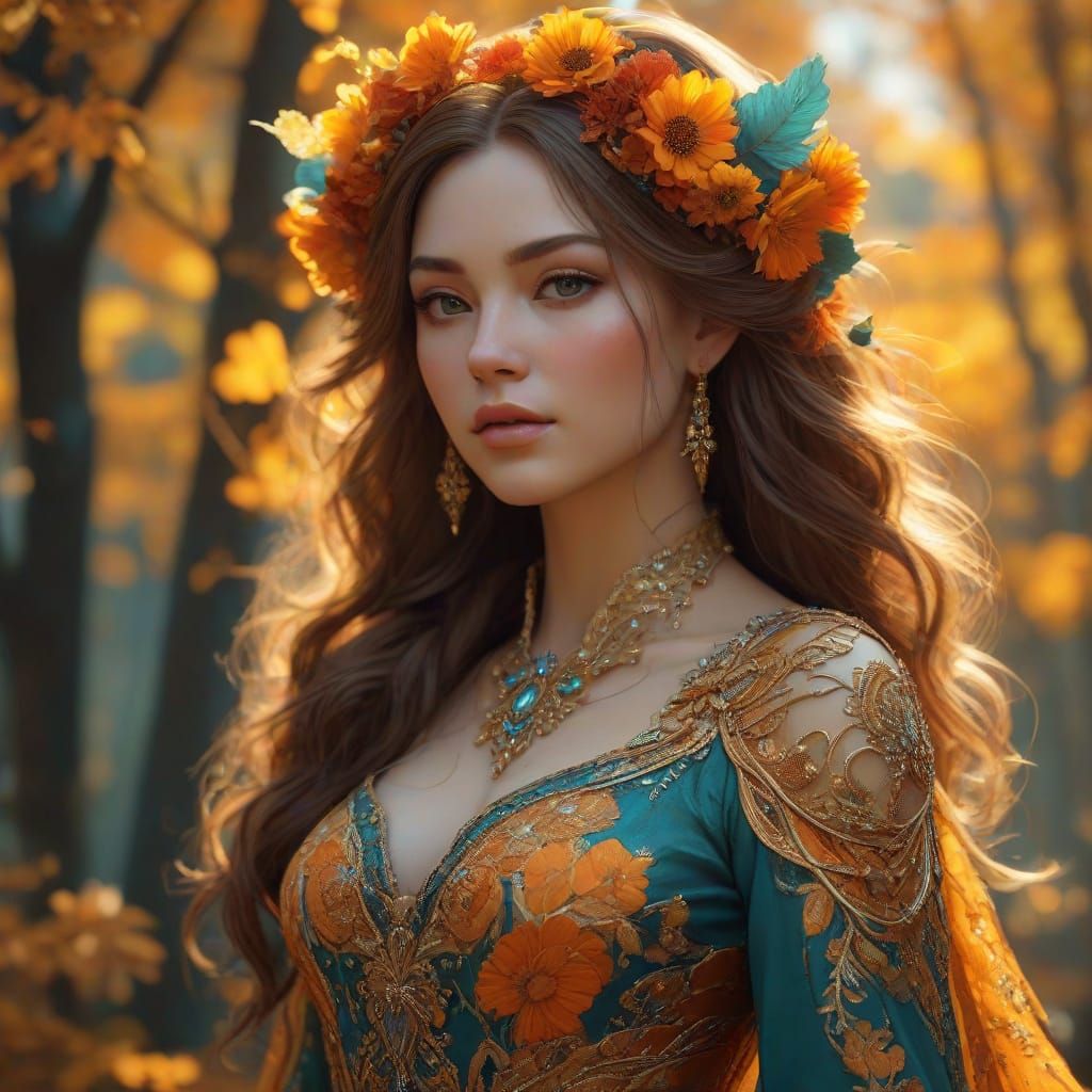 Ethereal Autumn Goddess in Anime Art Nouveau Style