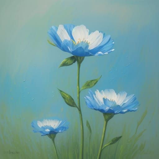 Expressionist Oil Painting of Blue Flowers in Bloom