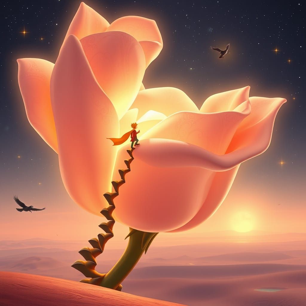 Little Prince Ascends Luminous Rose in Dreamlike Whimsy