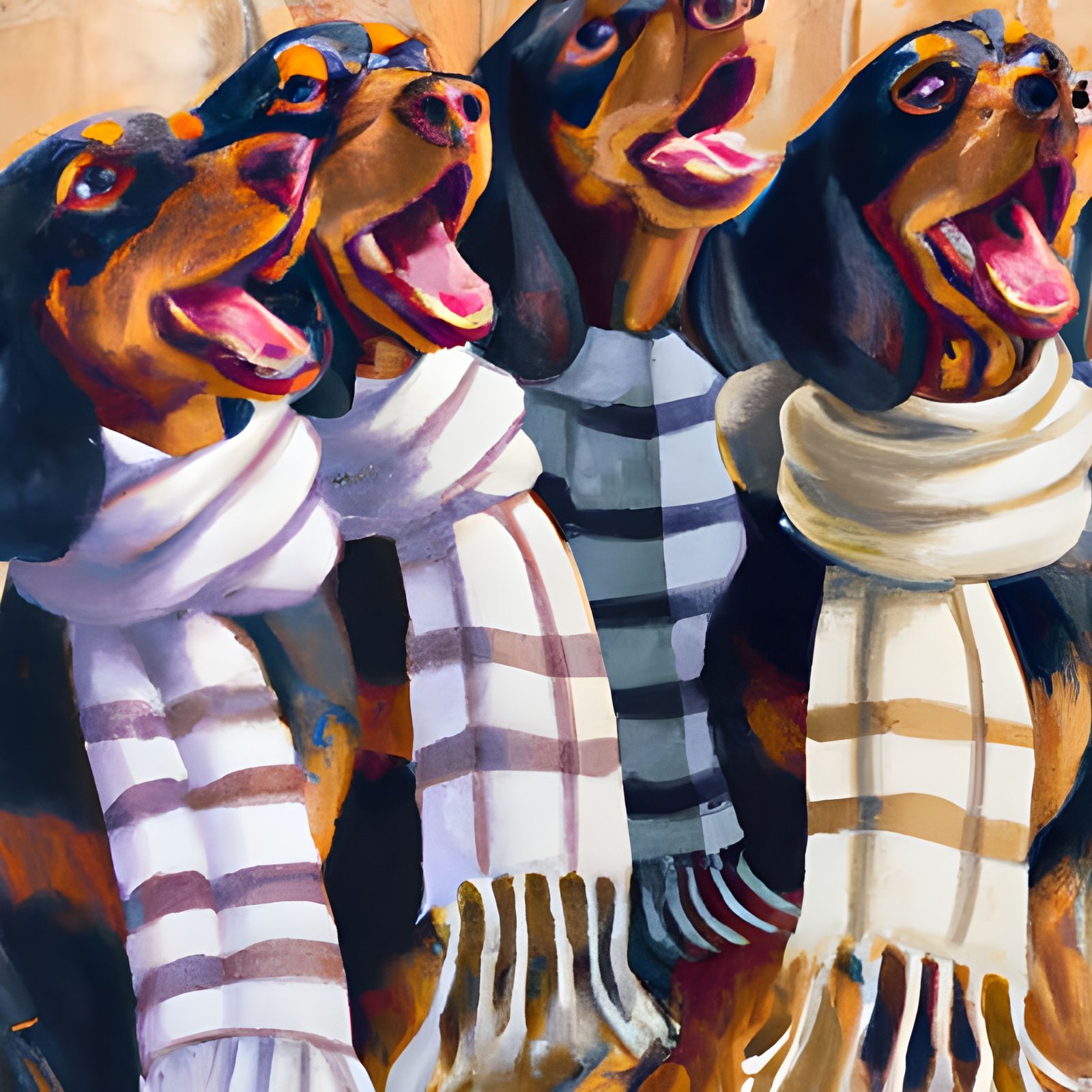Dachshund Chorus Line in Oil Painting Style