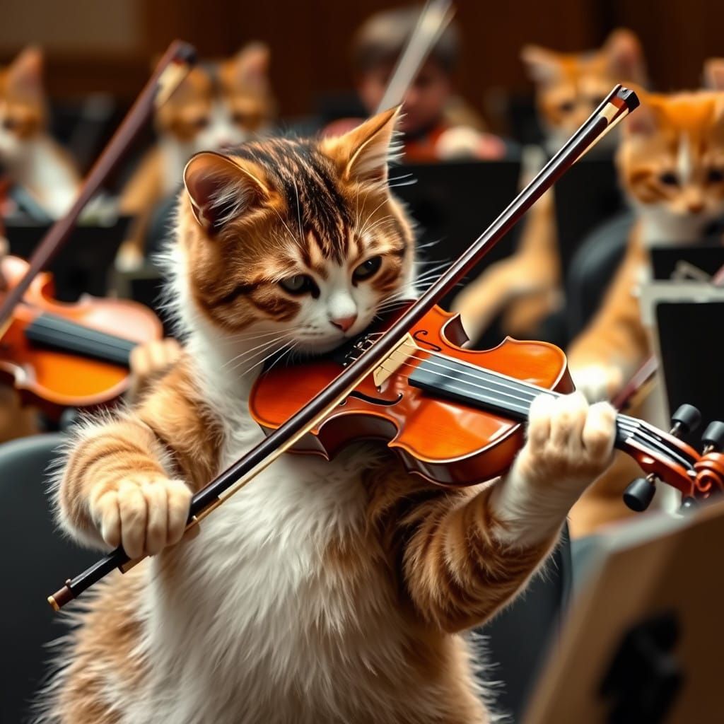 Feline Maestro in Tuxedo Performs with Symphony of Cats