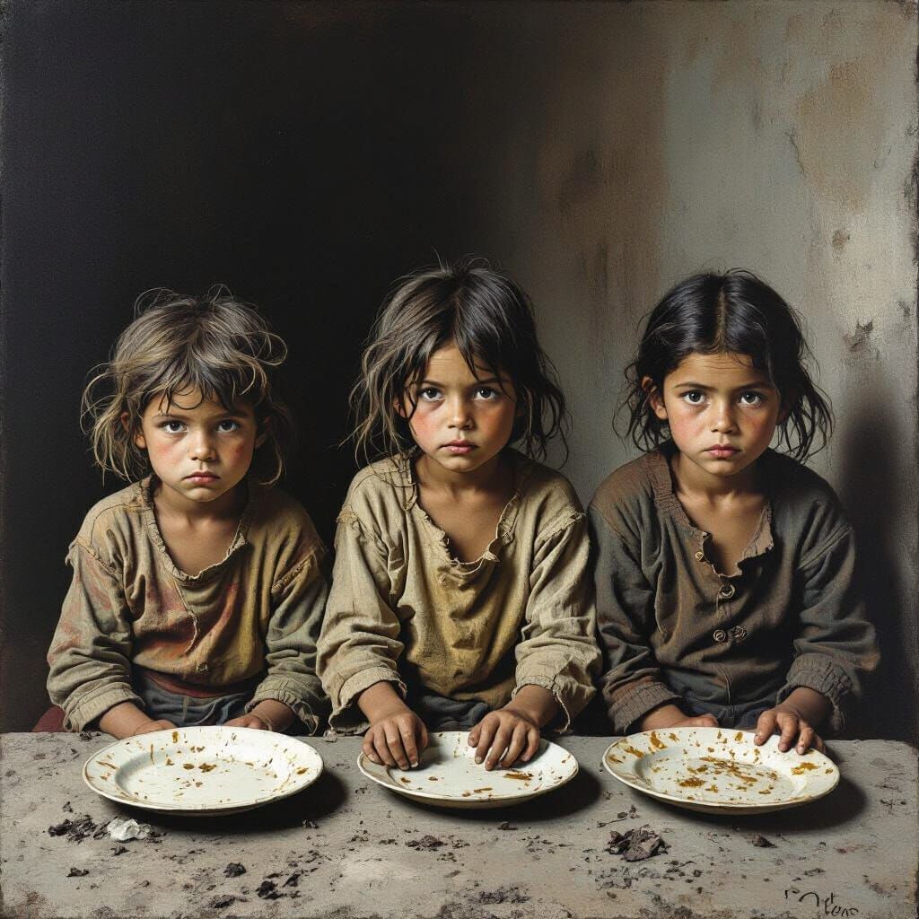 Malnourished Children in Desolate Landscape, Realistic Style