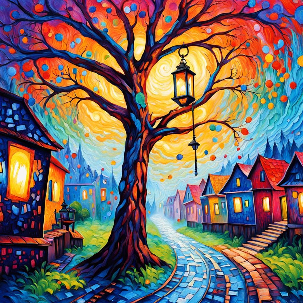 Village Illuminated by Ethereal Lantern in Psychedelic Style