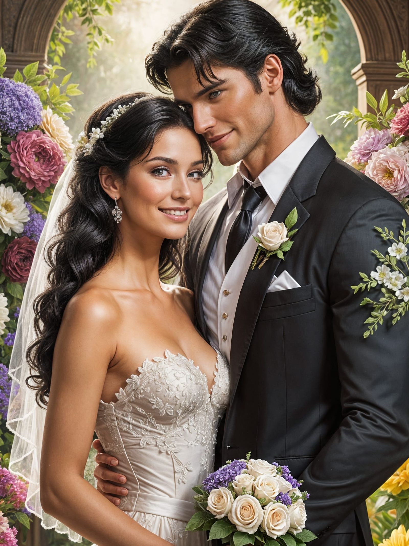Stunning Black-Haired Bride in a Romantic Wedding Scene