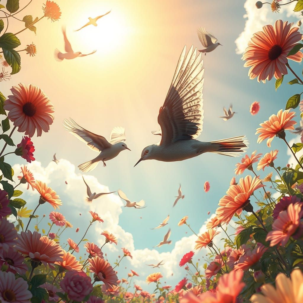 Whimsical Garden with Radiant Sunburst and Majestic Birds in...