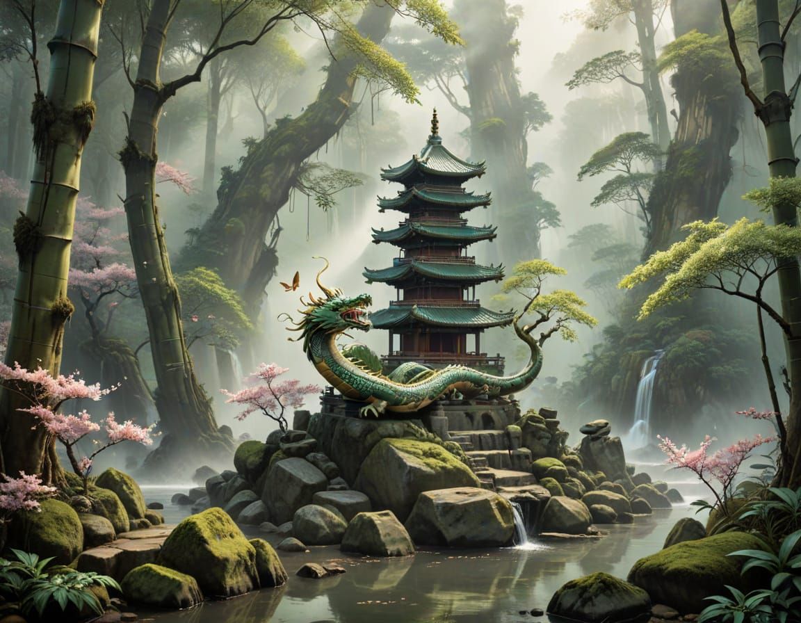 Winged Serpent Coiled Around Pagoda in Ink Painting