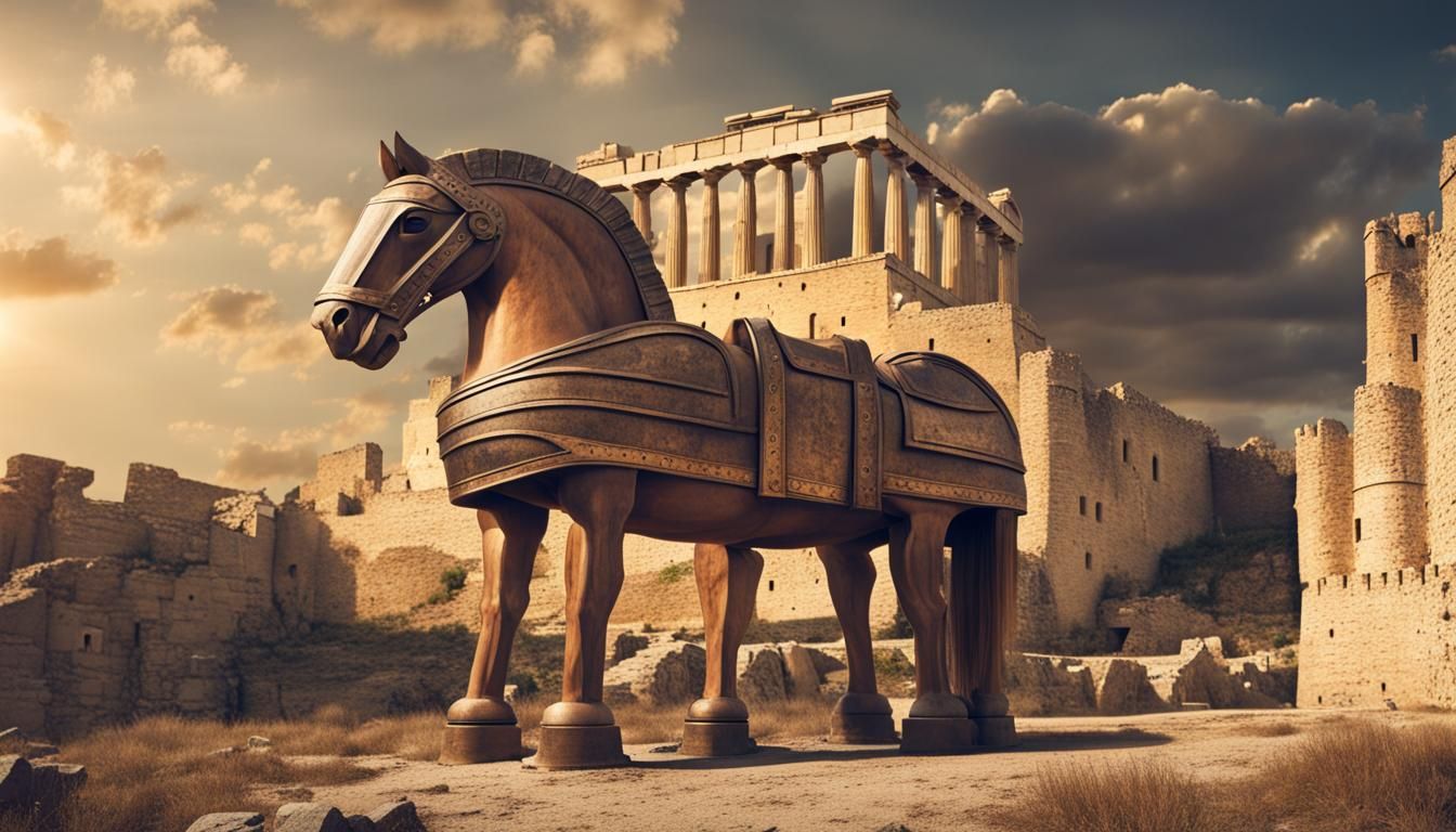 Trojan Horse Before Ancient Greek Castle