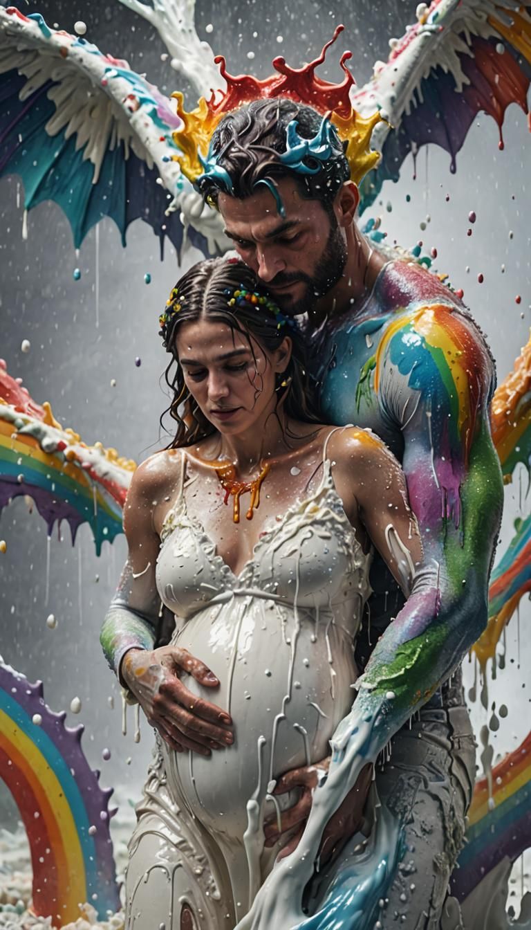 Psychedelic Rainbow Couple Embrace in Milk