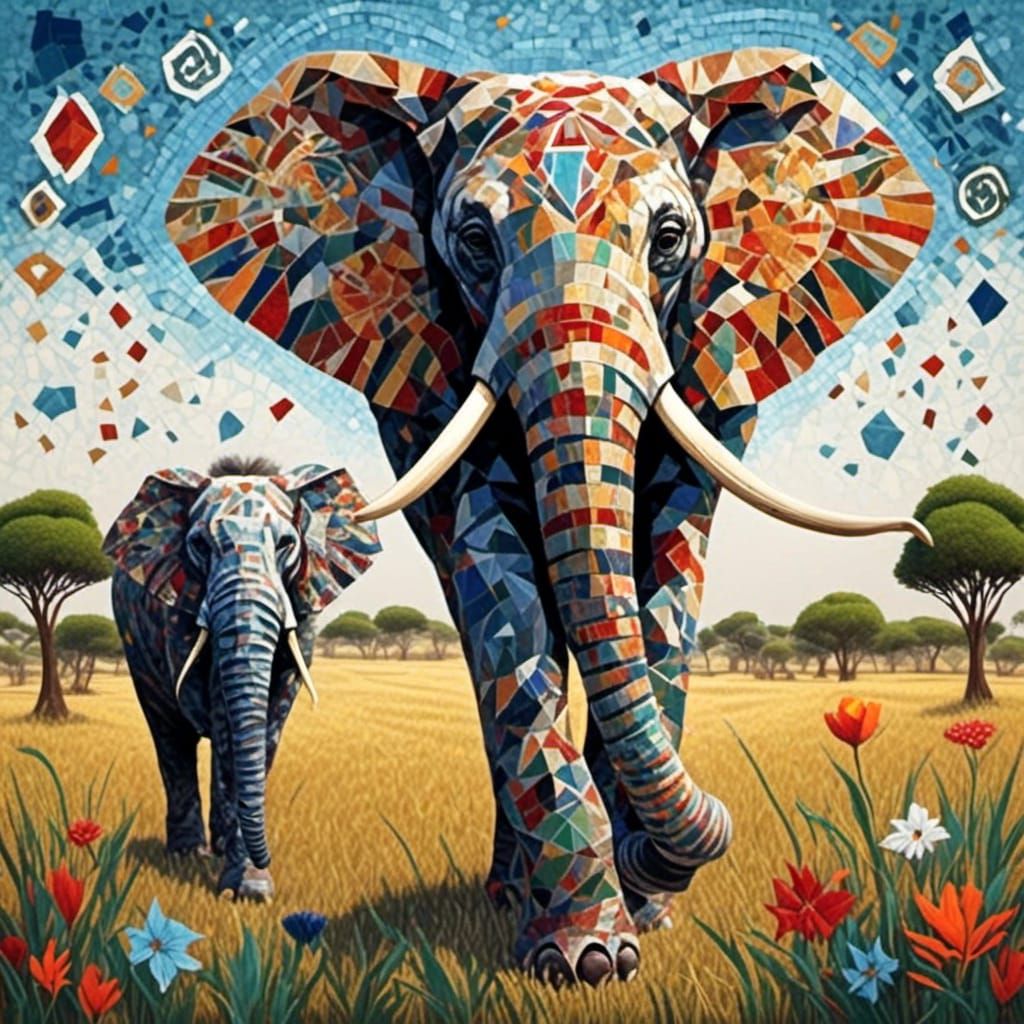 Mosaic Elephant on the Savannah