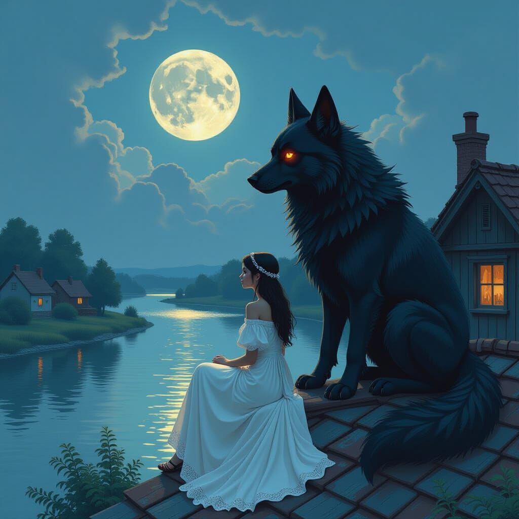 Moonlit River View with Woman and Hellhound