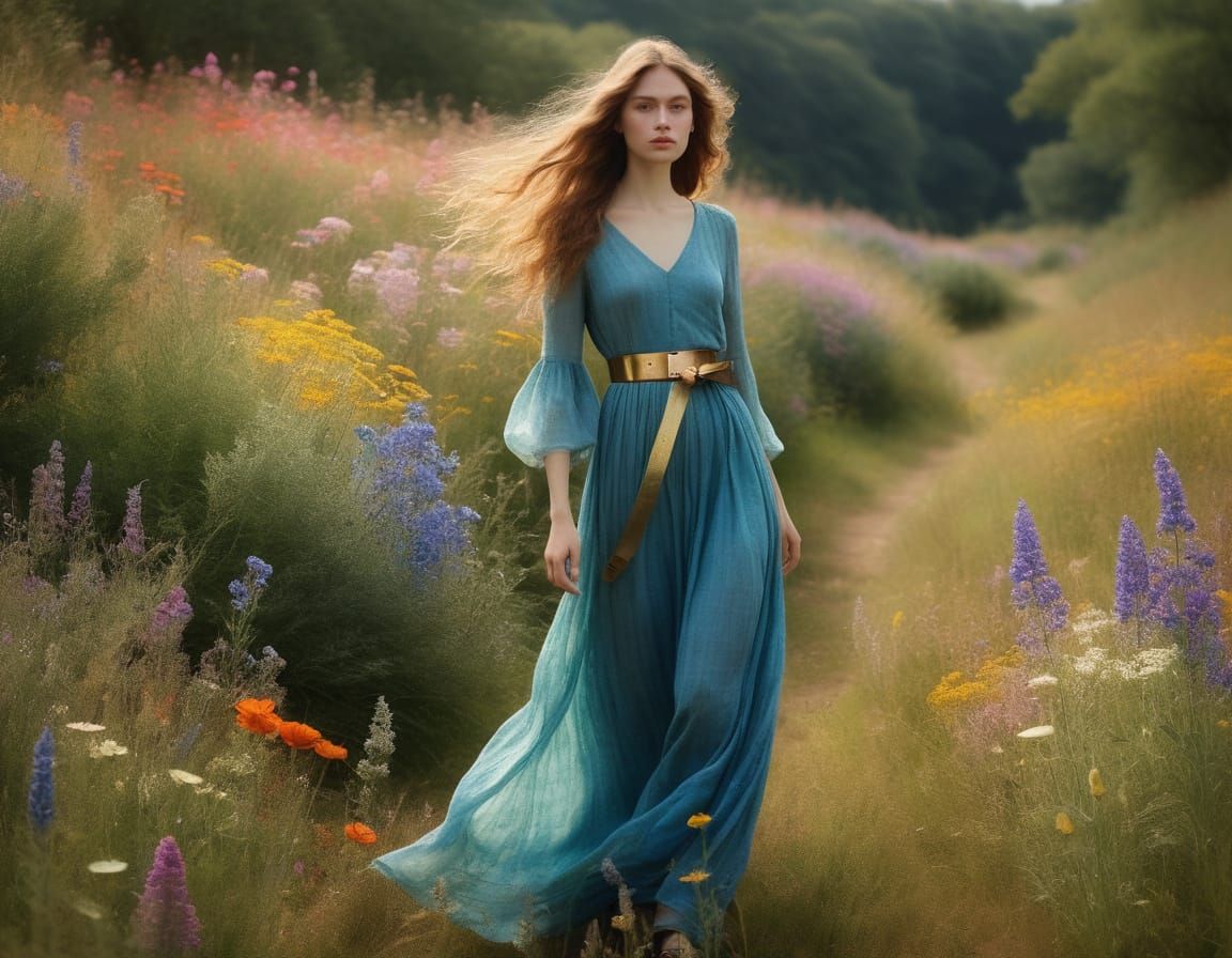 Young Woman in Vibrant Wildflower Field with Ethereal Qualit...