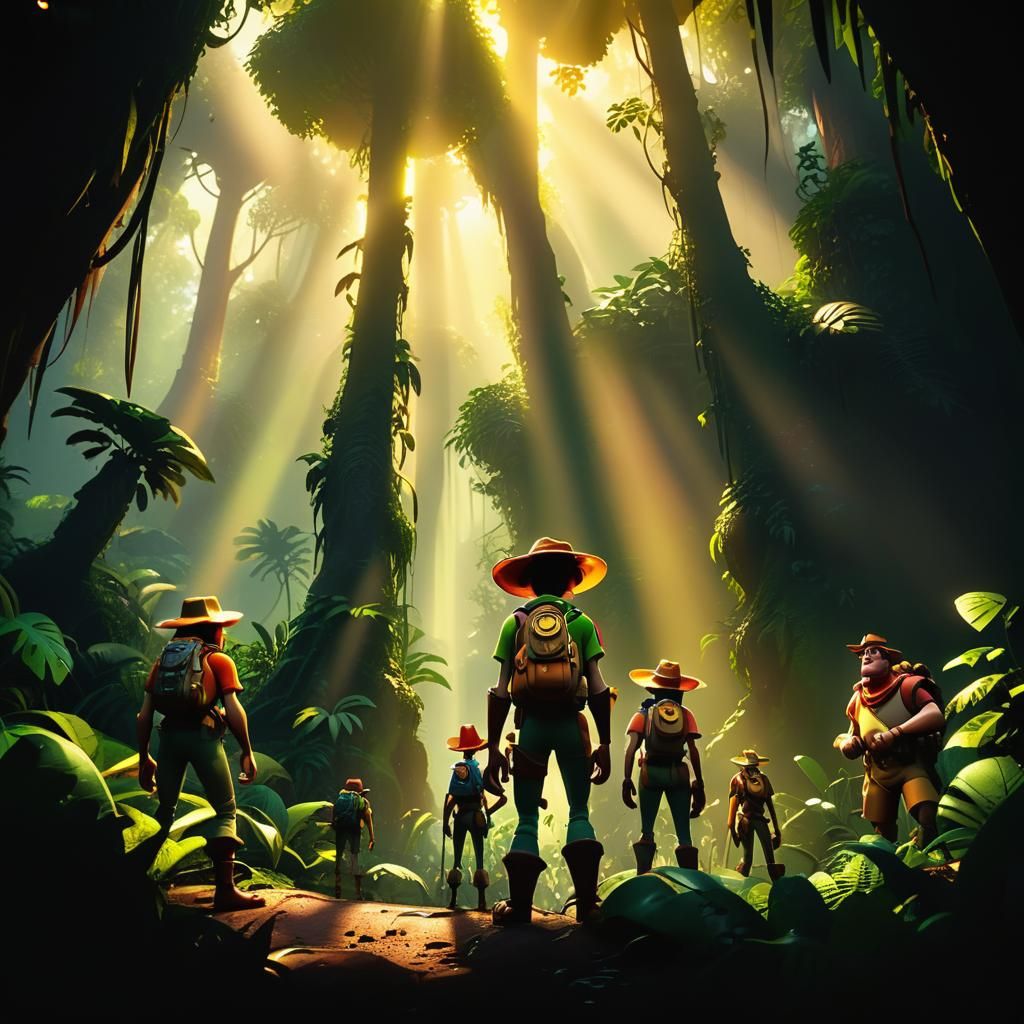 Adventurers in Jungle: Pixar-Style 3D Digital Art