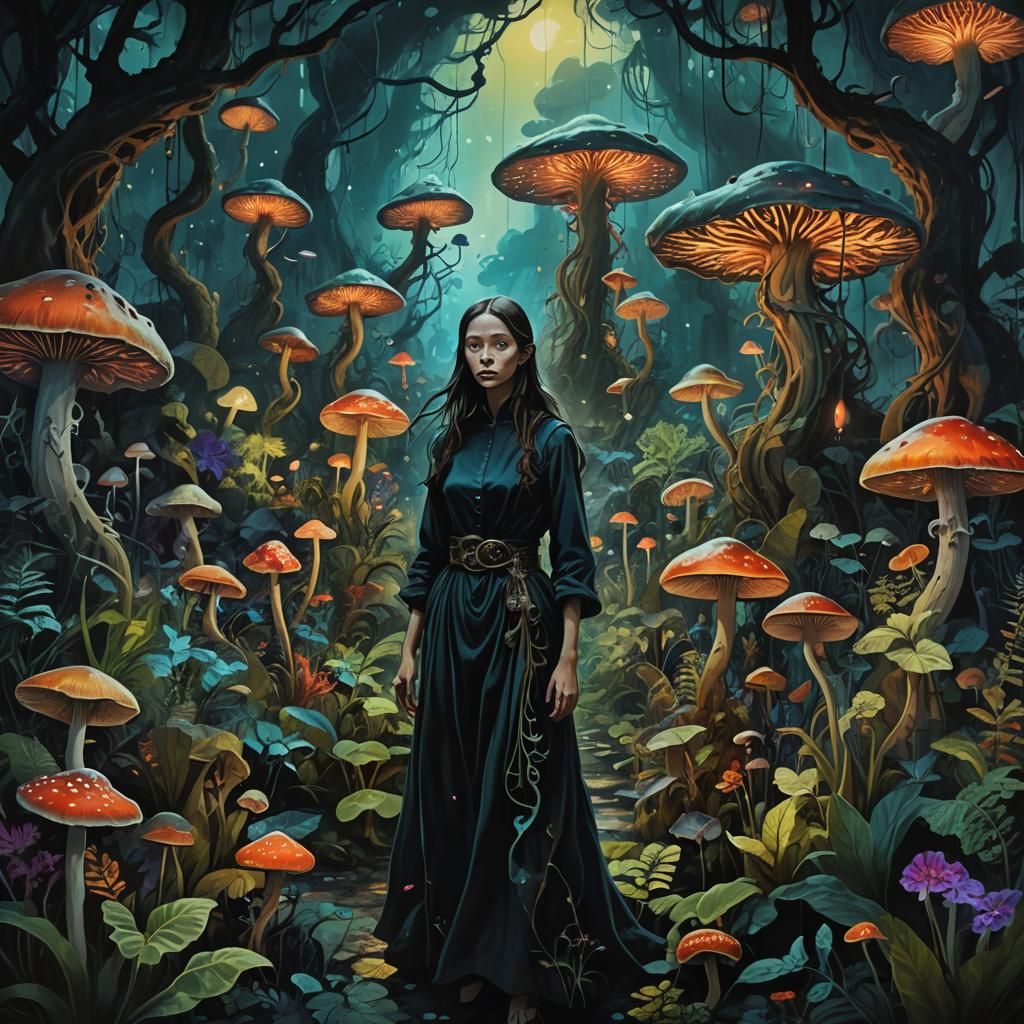 Mystical Garden: Surreal Woman in Dark Flora