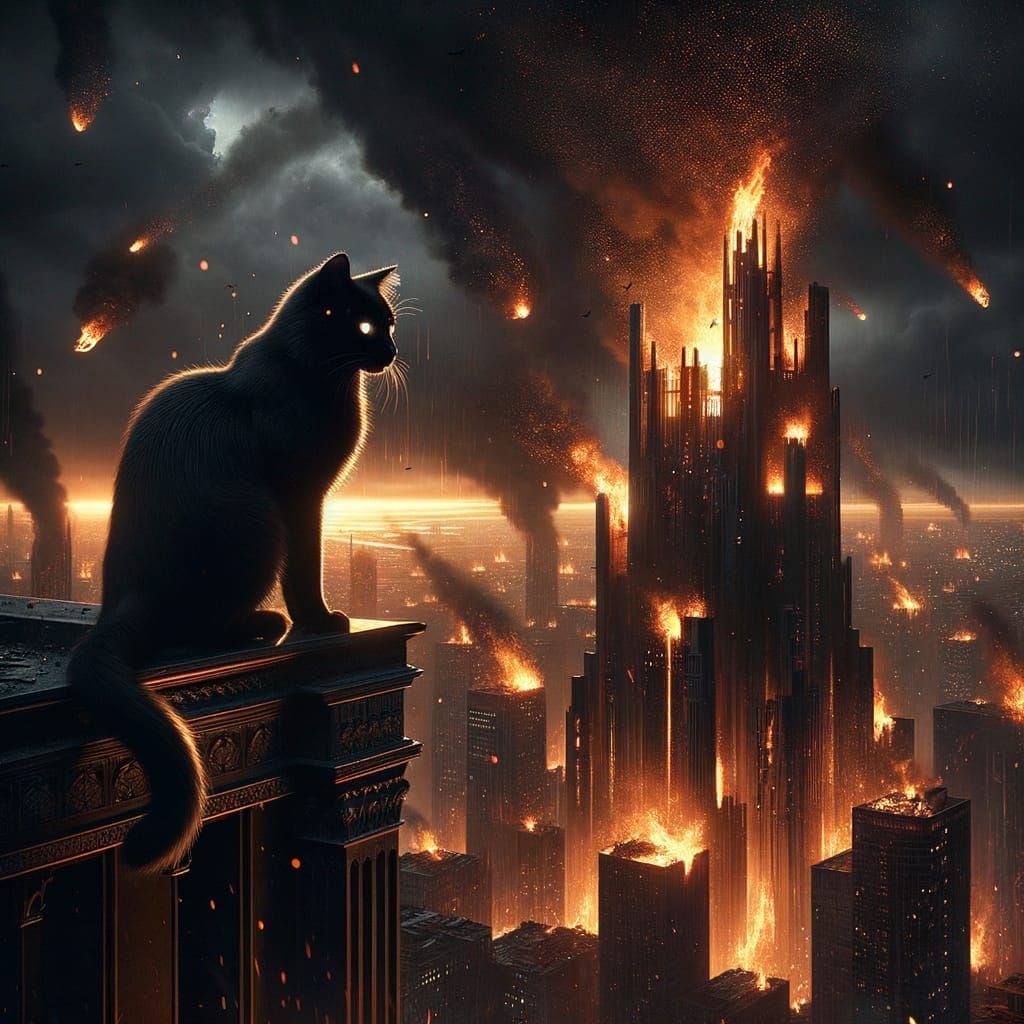 Black Cat Watches Burning City in Dark Fantasy