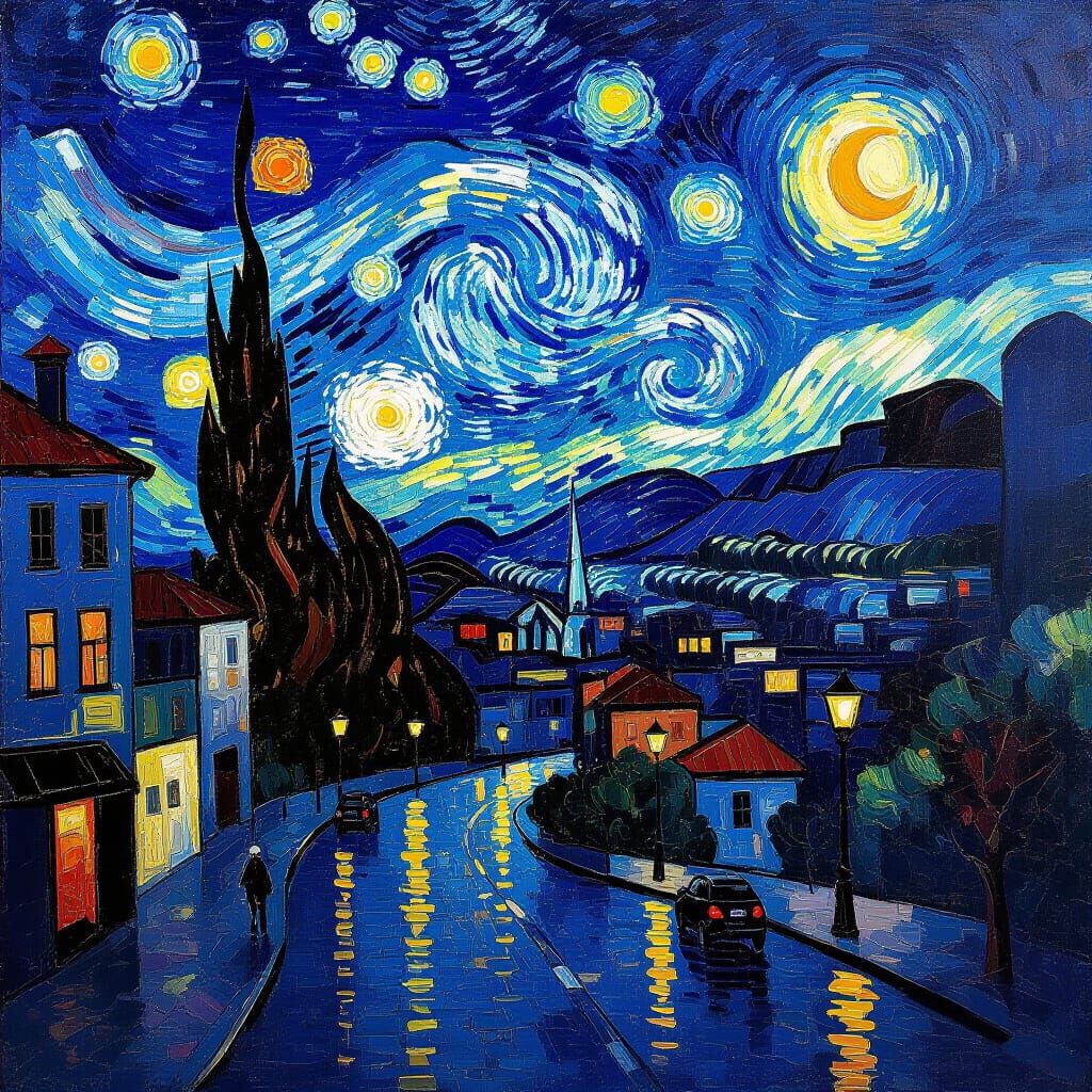 Impasto Cityscape Under Starry Night Sky