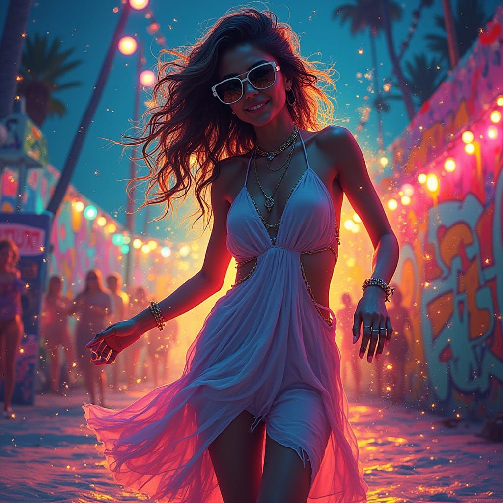 Woman in Nighttime Beach Party Scene, in a Vibrant Pop Art S...