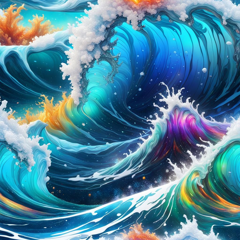 Galaxy Reflected in Tsunami Waves: Hyperrealistic 3D Art