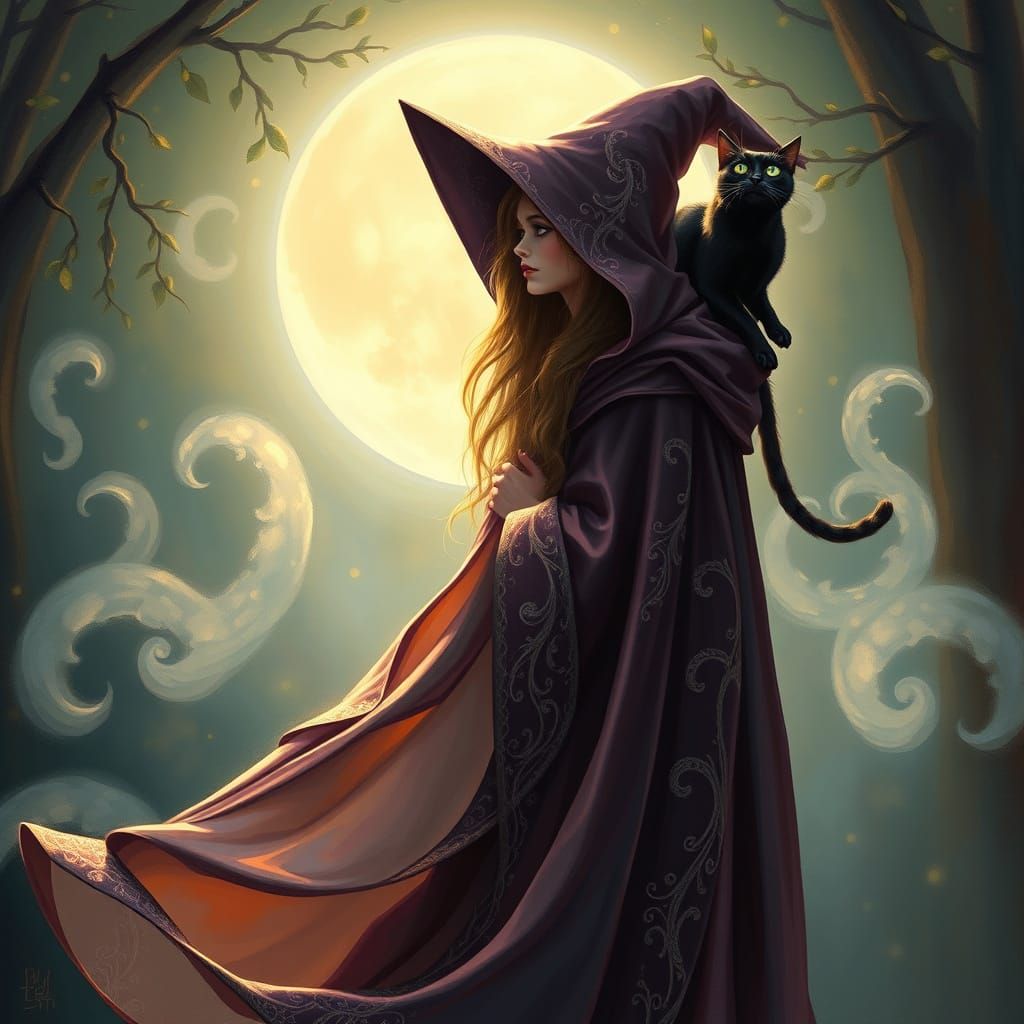 Mystical Witch Surrounded by Moonlit Mist and Her Black Feli...