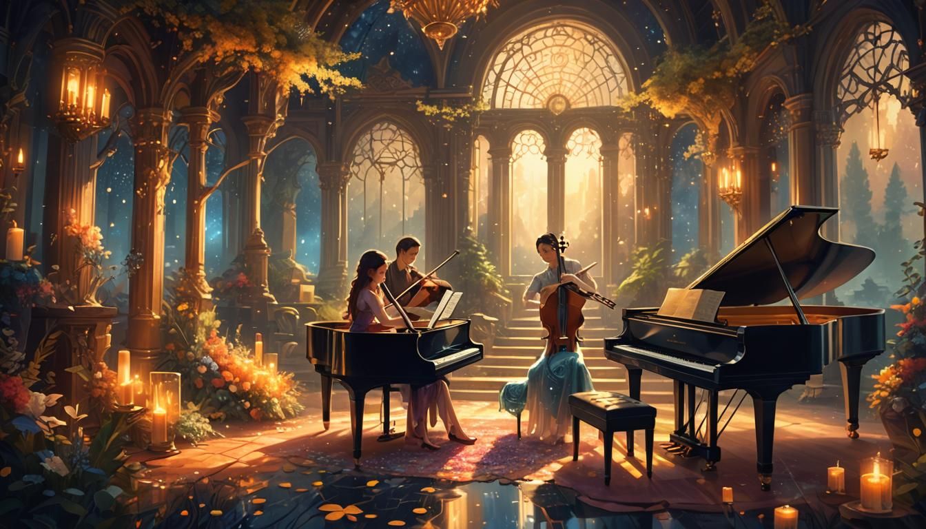 Ethereal Music Scene with Golden Light, Digital Art